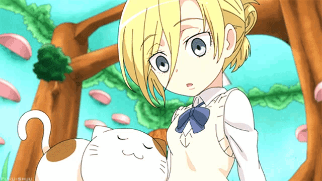 a drawing of a girl holding a cat with a watermark that says ' fufu-shuu ' at the bottom
