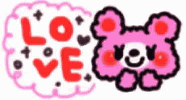 a pink teddy bear with the word love on it 's face