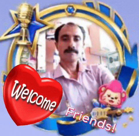 a picture of a man with a red heart that reads welcome friends