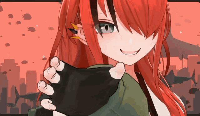 a girl with red hair is wearing a black glove and smiling