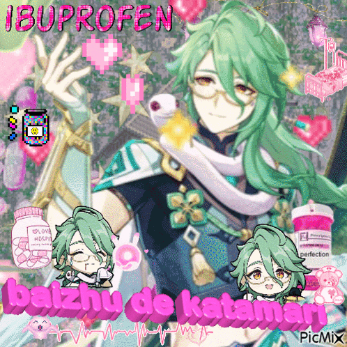 a picture of a girl with green hair and the word ibuprofen