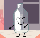 a cartoon drawing of a milk bottle with arms and legs smiling .