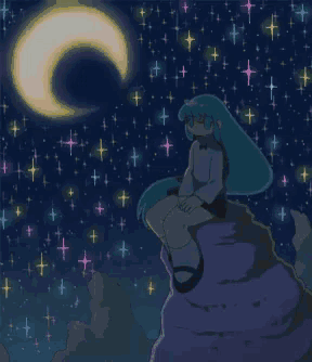 a cartoon of a girl sitting on a rock with the words hermosa noche in yellow