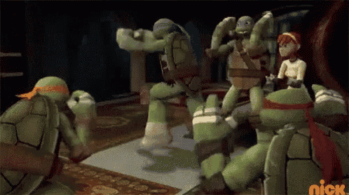 a group of teenage mutant ninja turtles are dancing in a room on nick
