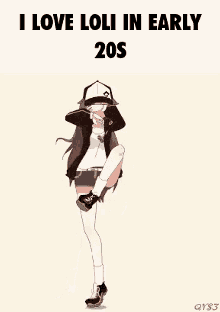 a girl in a baseball cap is dancing in a video with the words `` i love loli in early 20s '' .