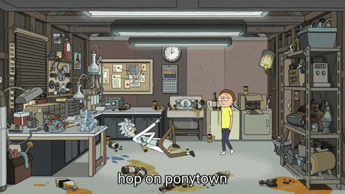 a cartoon of rick and morty with the words hop on ponytown