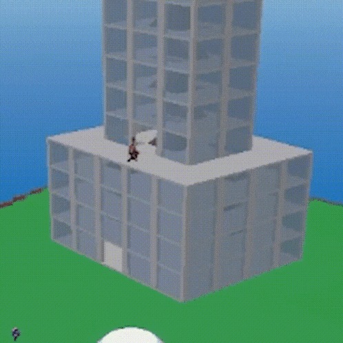 a computer generated image of a building with a person standing on top of it