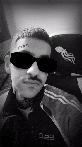 a man wearing sunglasses has the word parless written on his face