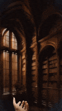 a person 's hand is reaching out in front of a window in a library