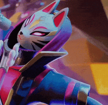 a cartoon character wearing a cat mask is holding a microphone