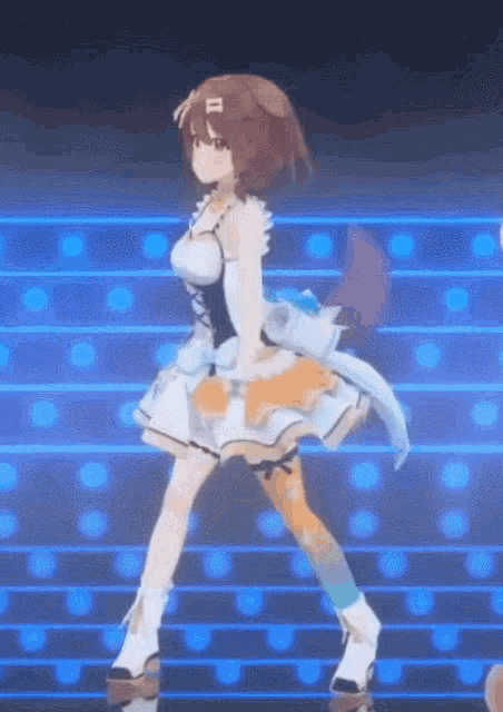 a girl in a dress is dancing on a stage with a dog .