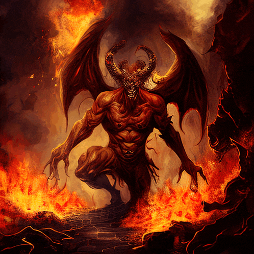 a painting of a demon with horns and wings