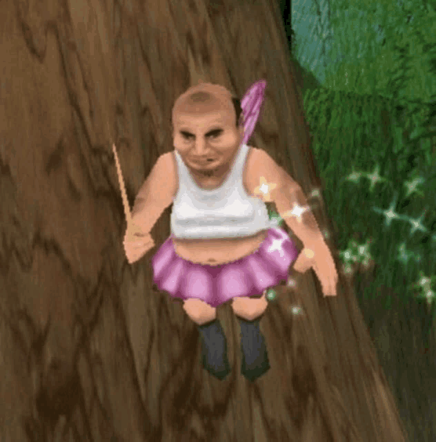 a cartoon character in a white tank top and pink skirt