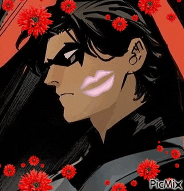 a drawing of a man with a pink lip and red flowers on his face .