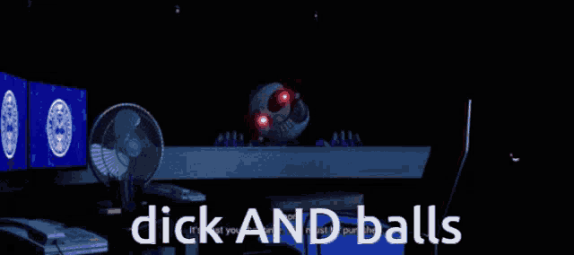 a dark room with the words " dick and balls " on the bottom