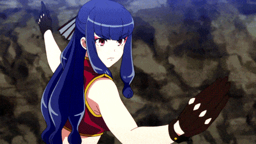 a girl with long blue hair is wearing a glove