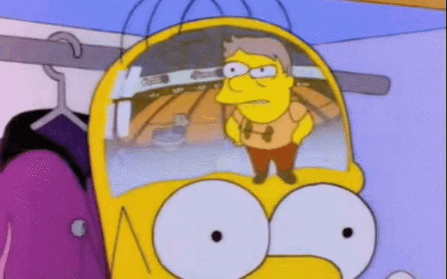 a cartoon of homer simpson standing in front of a mirror with a basketball court behind him .