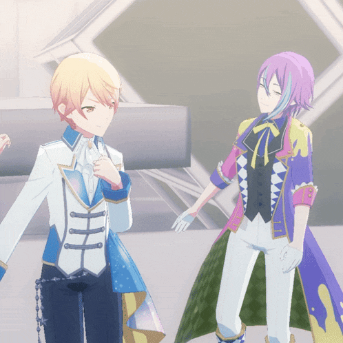 two anime characters standing next to each other with one wearing purple hair