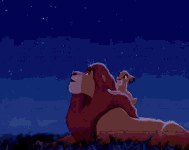 a lion and a cub from the lion king are laying down in the grass at night .