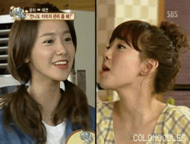 a couple of women are standing next to each other and the words colonoodles are on the bottom right