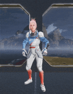 a woman with pink hair is wearing a blue and white outfit with the word rift on the front