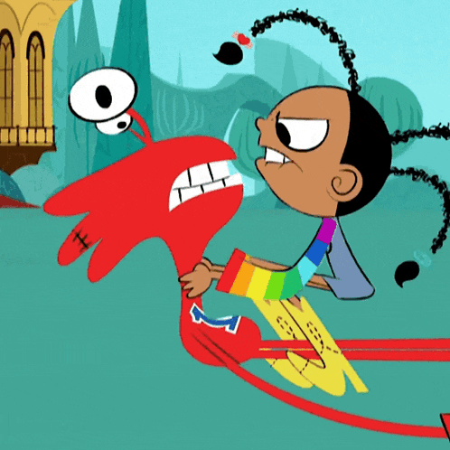 a cartoon character with a rainbow shirt is holding another character