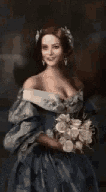 a painting of a woman in a white dress with a scary face and flowers on her head .