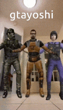 a group of video game characters are dancing in a hallway with the word gtayoshi above them