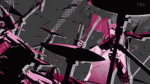a drawing of a man playing drums with the letters tbs in the corner