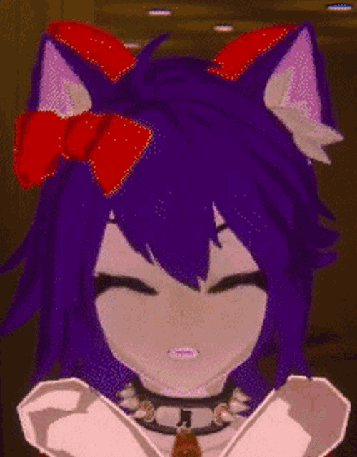 a girl with purple hair has a red bow on her hair