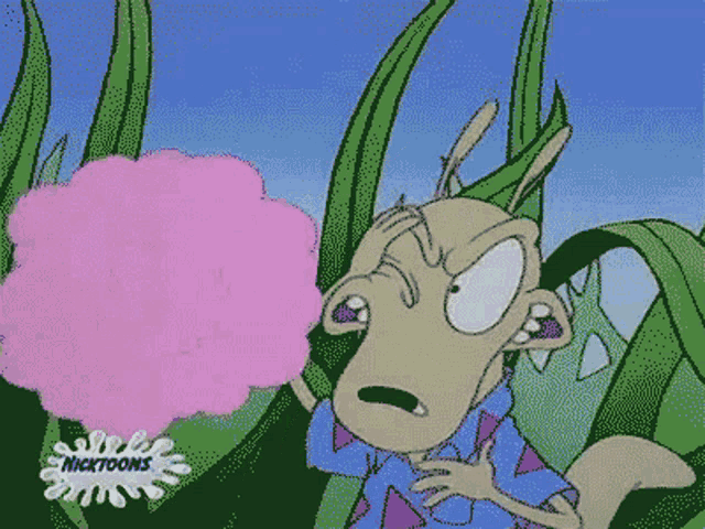 a cartoon character from nickelodeon smelling flowers