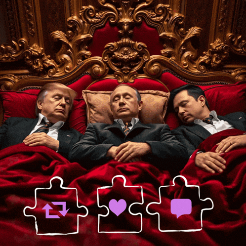 three men in suits are sleeping on a bed with puzzle pieces in front of them