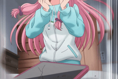 a girl with pink hair is standing in front of a glass box