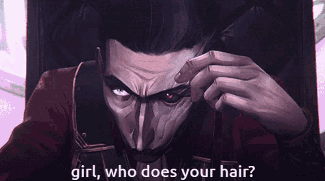 a man is sitting in a chair with the words girl who does your hair above him