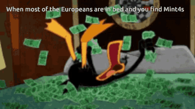 a cartoon of a duck laying on top of a bed covered in money