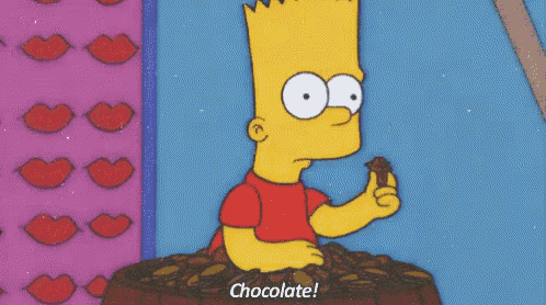 bart simpson is surrounded by a pile of chocolate pieces