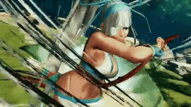a woman in a bikini is holding a sword in a video game scene .