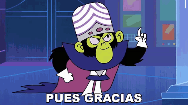 a cartoon character with the words pues gracias on the bottom right