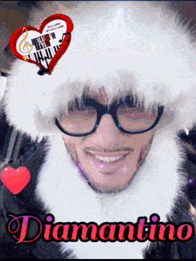a man wearing glasses and a santa hat has the name diamantino on the bottom