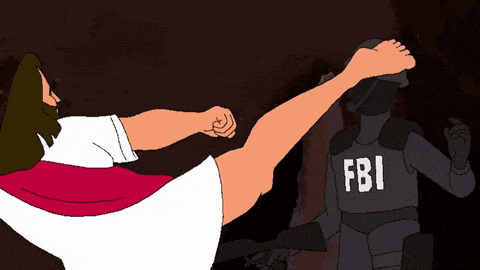 a cartoon of jesus kicking a fbi officer in the face
