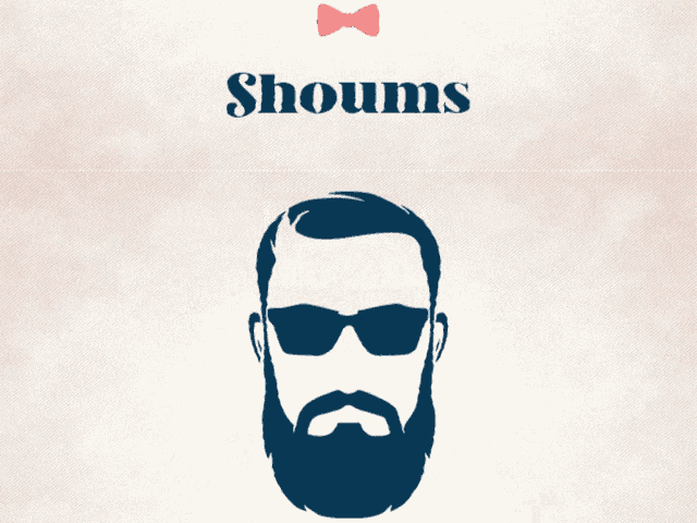 an illustration of a man with a beard wearing sunglasses and a bow tie under the word shoums