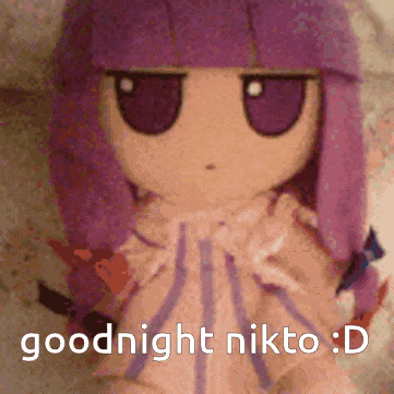 a stuffed doll with purple hair and the words goodnight nikto : d