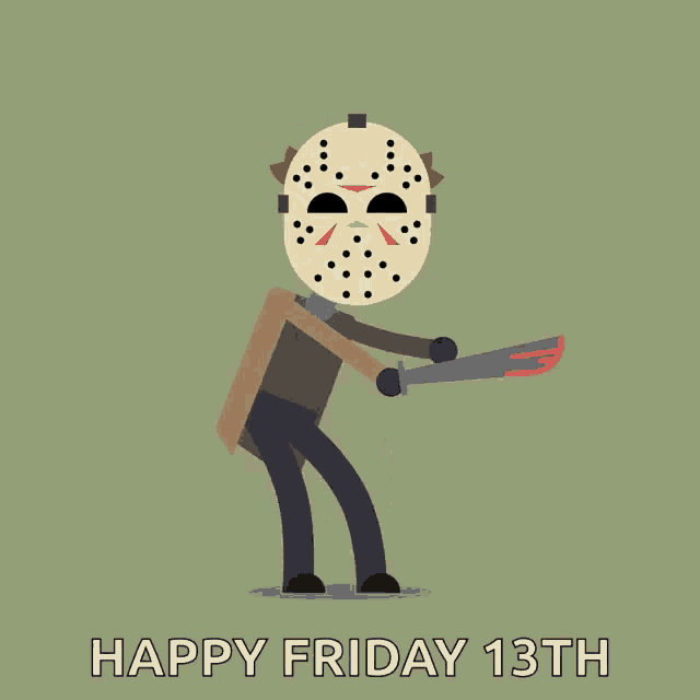 a cartoon of jason voorhees holding a knife with the words happy friday 13th written below him
