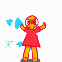 a cartoon character in a red dress stands on a block with his arms outstretched