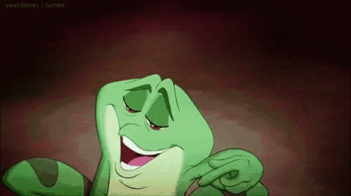 a frog from the princess and the frog is making a funny face with his eyes closed .