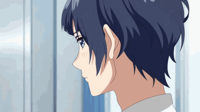a close up of a person 's face with blue hair and a white shirt