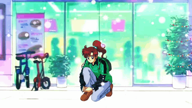 a girl is kneeling in front of a store with a christmas tree in the background