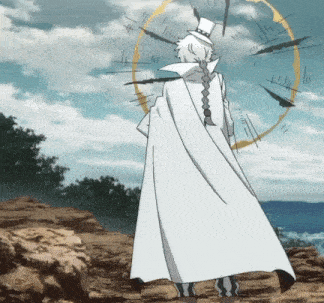 a man in a white cape is standing in front of a clock