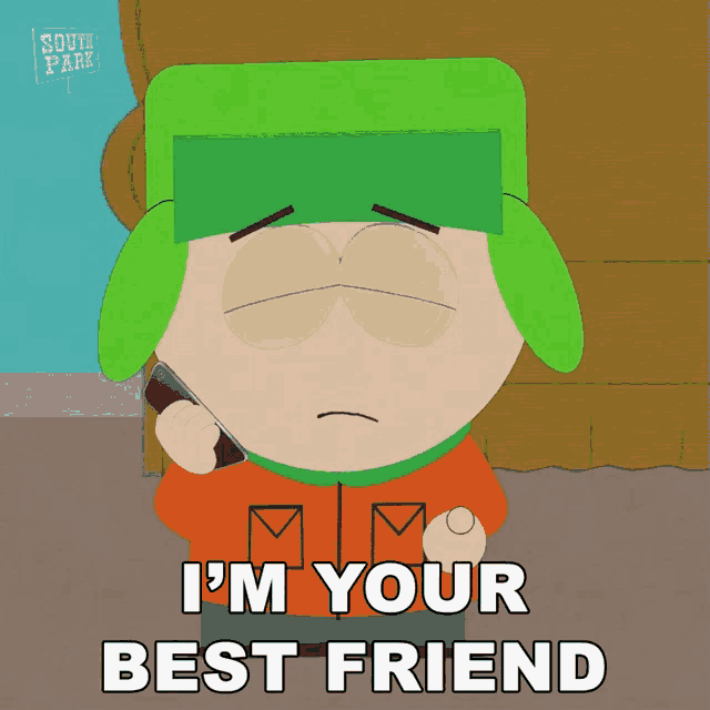 a south park cartoon character talking on a cell phone
