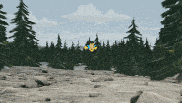 a cartoon drawing of a river surrounded by trees and rocks